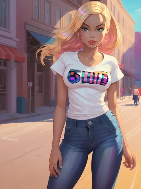 (bold lines:1.1), (high color),(delineated), ((smooth skin)), (Masterpiece Digital Artwork:1.3),, street girl, Barbie_(character), wearing jeans and a t-shirt,