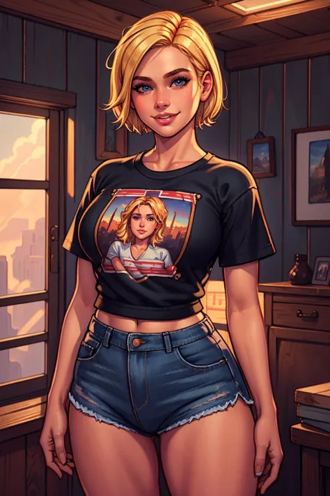 (masterpiece, best quality:1.1576), (ultra-detailed:1.1025), (cinematic lighting, illustration:1.05, beautiful detailed eyes, 1girl:1.05), cowboy shot, looking at viewer, depth of field, t-shirt, high waisted shorts, smile, blonde hair, short hair