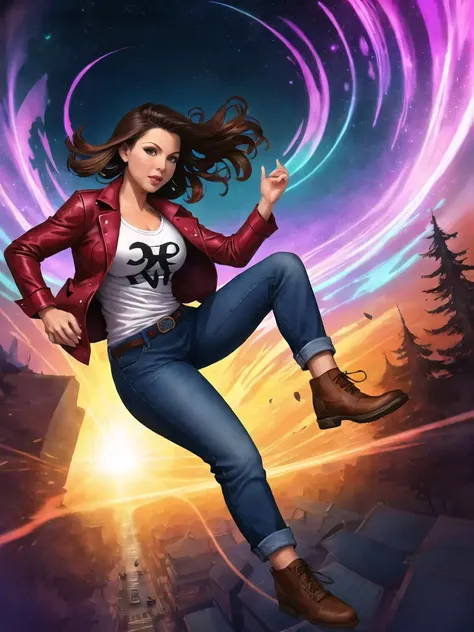 Kari Wuhrer  leaping through a dimensional rift, street clothes, jeans, t-shirt, jacket,, digital art, [warlockandboobs|hungry clicker style], Alice in Wonderland setting