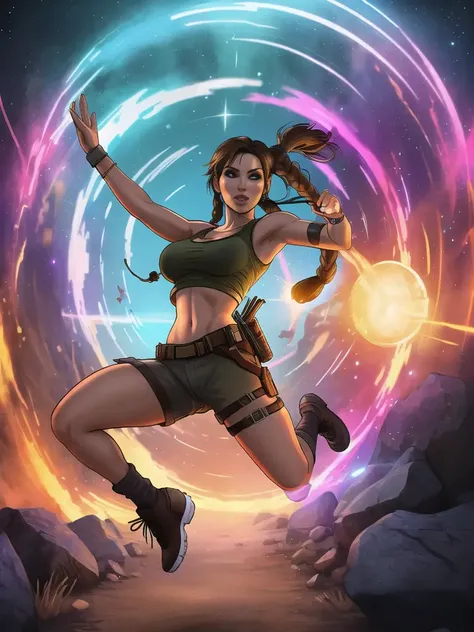 Video Game Character Lara Croft jumping through a dimensional rift,