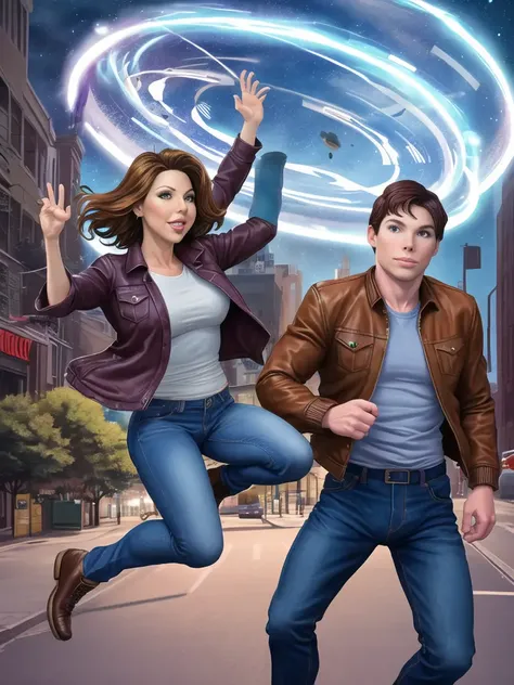 Kari Wuhrer and Jerry O'Connell jumping out of an alternate universe, time vortex, city street, upper body, telephoto lens, jeans, jacket, shirt, detailed face, perfect face,  absurdres, extremely detailed,