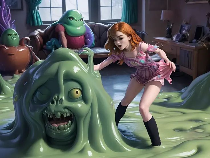 Sadie Sink and Natalia Dyer battling a slime monster, cthulhu mythos, colorful,