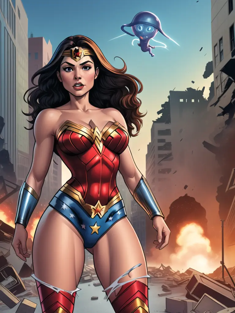 Valerie Bertinelli as Wonder Woman, torn clothes, alien invasion, destroyed city