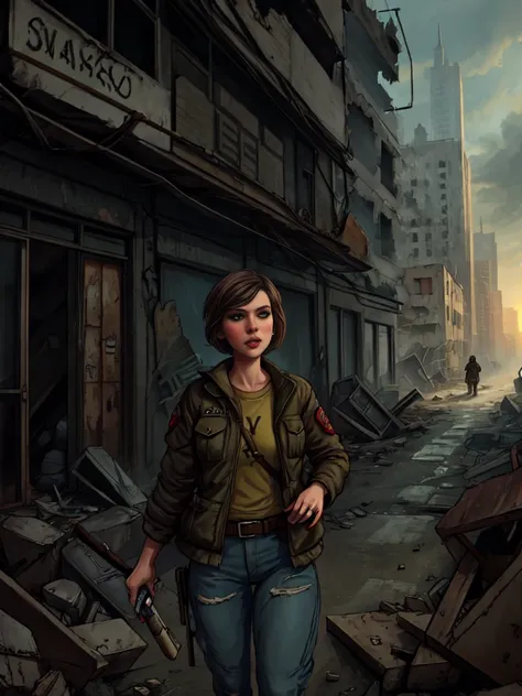 add_detail, masterpiece, Lauren Cohan lives in a dystopian city destroyed by war and zombies,