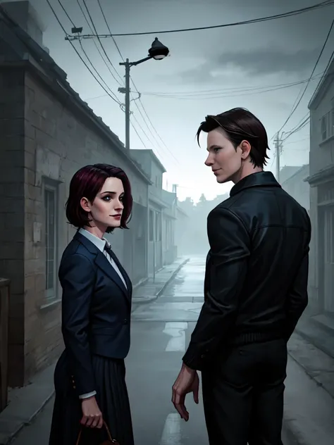 ((sfw)), add_detail, masterpiece, Winona Ryder and Christian Slater standing back to back with evil grins, dark atmosphere, eerie mood, heathers, black clothes,