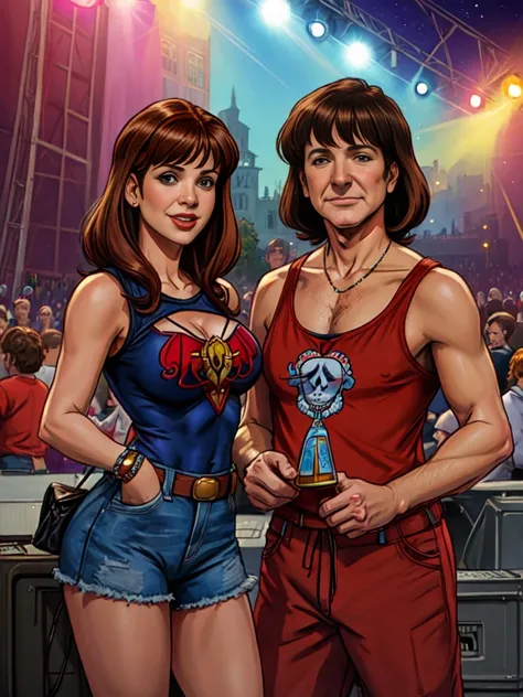 add_detail, masterpiece, Young Robin Williams and Pam Dawber are Mork and Mindy at a Grateful Dead Concert,