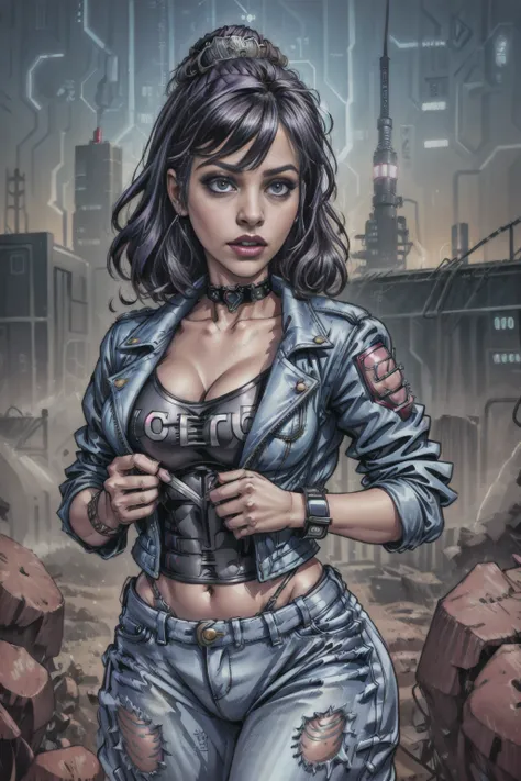 Punk rock prom queen with a choker made_of_circuits, jeans, t-shirt, jacket, <lora:circuit_wedding_dress-10:0.7>, ai_wife