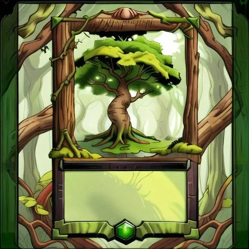 bct2,green color, cartoon style, plain black picture frame at the top, card that looks like a tree trunk, pale green moss in the text box at the bottom, title space in the middle, tiger symbol field at the bottom left, tree symbol at the top left, hdr, white balance <lora:bct2_basic:3.5>