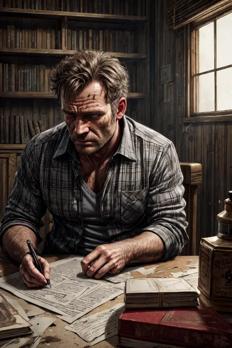 (RAW photo, 8k uhd, Analog style, Masterpiece, Best Quality, Highres:1.4), (dramatic, cinematic:1.2), BREAK,
shot of (60 yo:1.2) (old man:1.3) (Michael Rooker:1.1) (sitting:1.2) at a (rough wooden:1.1) (desk:1.2), (writing:1.27) something on piece of paper, holding pen, (tired face:1.2), (wrinkles:1.1), (stubble:1.25), grey eyes, shabby (dirty red:1.1) (unbuttoned plaid shirt:1.2), (lowered head:1.2), (messy hair:1.1), frown, (writer:1.1), (tired depressed frustrated expression:1.2), BREAK,
(dark (dirty old messy room:1.2), (scattered things books papers, shelves, dirty dishes and mugs, turned off television:1.15), (kerosene lamp:1.25), (Christmas tree:1.25), (old photos on the shelf:1.3), (whiskey bottles:1.2), grey (torn stripped wallpaper:1.1), (dark night:1.25), (night window:1.1), (torn curtains:0.7), light particles, dust, creepy deep shadows:1.1), (depressive hopeless eerie atmosphere:1.2), (slums, ghetto:1.1), BREAK,
(photorealistic:1.3), (rough details, (male focus:1.1):1.2), (desaturated, cold lighting:1.3), (vintage:1.2), (hyperdetailed, absurdres:1.2), (Clutter-Home:0.9), BREAK,
<lora:more_details:1.0>,
<lora:zoom_slider_v1:2.0>,
