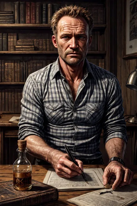 (RAW photo, 8k uhd, Analog style, Masterpiece, Best Quality, Highres:1.4), (dramatic, cinematic:1.2), BREAK,
shot of (60 yo:1.2) (old man:1.3) (Michael Rooker:1.1) (sitting:1.2) at a (rough wooden:1.1) (desk:1.2), (writing:1.27) something on piece of paper, holding pen, (tired face:1.2), (wrinkles:1.1), (stubble:1.25), grey eyes, shabby (dirty red:1.1) (unbuttoned plaid shirt:1.2), (lowered head:1.2), (messy hair:1.1), frown, (writer:1.1), (tired depressed frustrated expression:1.2), BREAK,
(dark (dirty old messy room:1.2), (scattered things books papers, shelves, dirty dishes and mugs, turned off television:1.15), (kerosene lamp:1.25), (Christmas tree:1.25), (old photos on the shelf:1.3), (whiskey bottles:1.2), grey (torn stripped wallpaper:1.1), (dark night:1.25), (night window:1.1), (torn curtains:0.7), light particles, dust, creepy deep shadows:1.1), (depressive hopeless eerie atmosphere:1.2), (slums, ghetto:1.1), BREAK,
(photorealistic:1.3), (rough details, (male focus:1.1):1.2), (desaturated, cold lighting:1.3), (vintage:1.2), (hyperdetailed, absurdres:1.2), (Clutter-Home:0.9), BREAK,
<lora:more_details:1.0>,
<lora:zoom_slider_v1:2.0>,