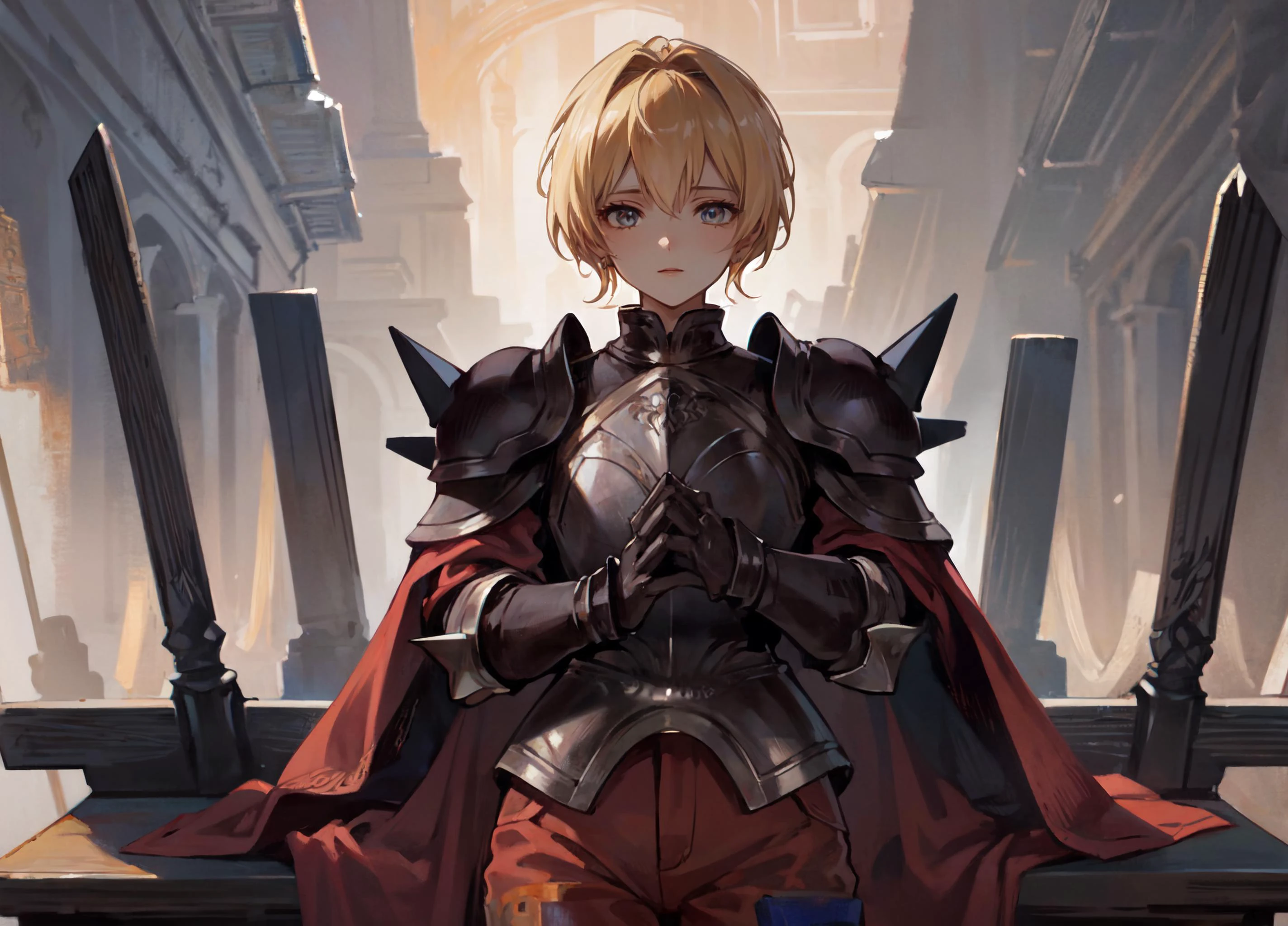 (masterpiece, best quality, ultra detailed, beautiful illustration), (oil painting:1.4), atmospheric perspective, (fantasy atmosphere, elaborate atmosphere:1.4), vibrant colors, depth of field, looking at viewer, beautiful detailed eyes, (nice hands, perfect hands, anatomically correct hands), <lora:RamzaBeoulveV1:0.8>, a young man in the middle of a medieval village, RamzaBeoulve, blonde hair, black armor, red pants,spikes,bronze greaves, empty hands