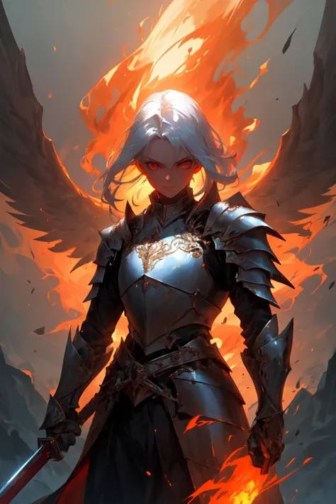 (masterpiece, best quality, absurdres, 4k, aesthetic, detailed, intricate, perfect lighting),cinematic lighting,dramatic angle,atmospheric perspective,1girl,solo,cowboy shot,medieval,fantasy,knight,white hair,wearing full armor,holding sword, <lora:r1ge - AnimeRage:0.5> r1ge,fire,red aura