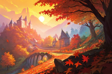 (masterpiece, best quality, absurdres, 4k, aesthetic, detailed, intricate, perfect lighting),atmospheric perspective,cinematic angle,no humans,landscape,autumn leaves,forest,sunset,stony path leading to a castle on a distant mountain, <lora:Vivid_Setting:0.7> vivid_setting