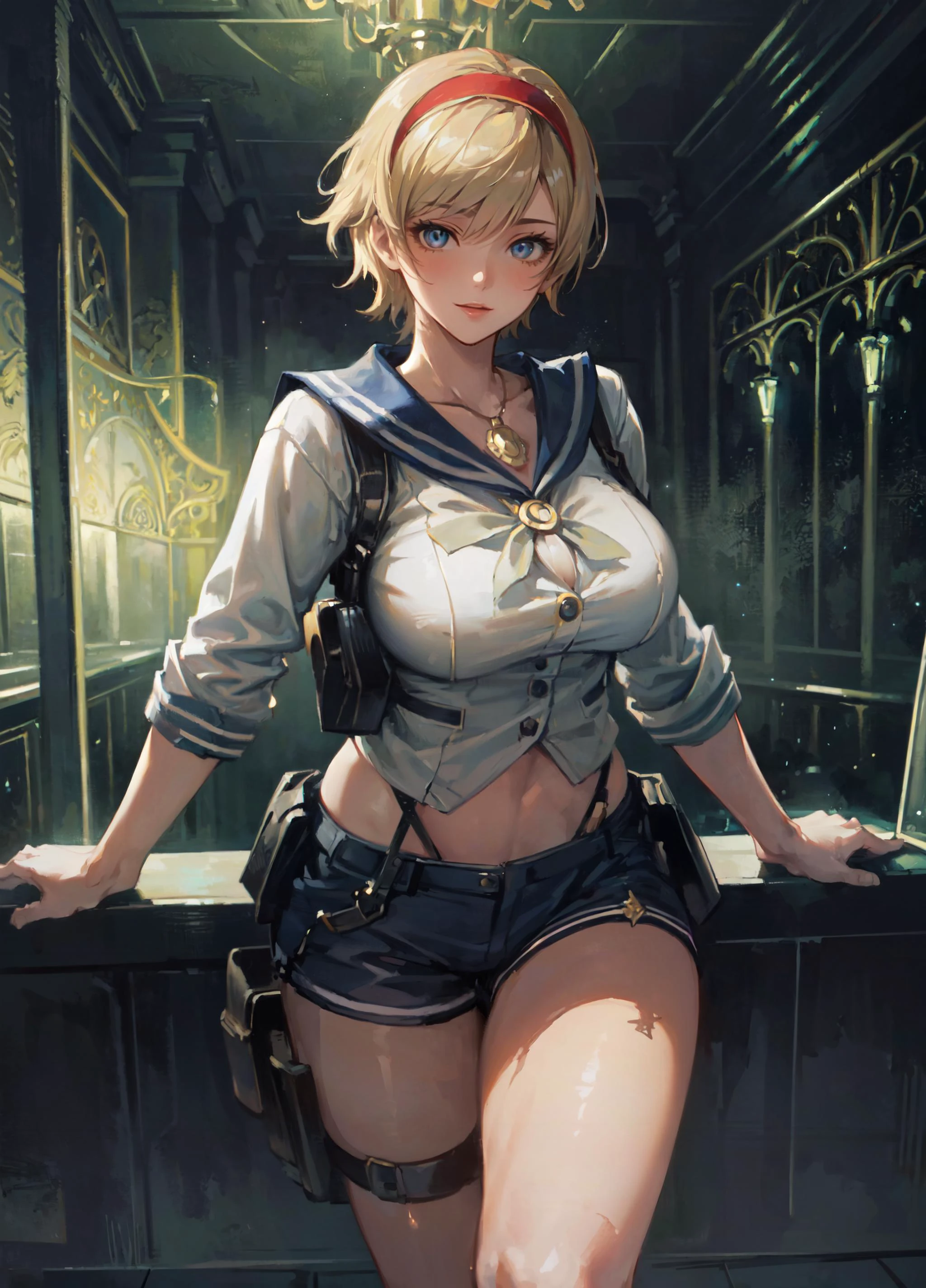 (masterpiece, best quality, ultra detailed, beautiful illustration), (oil painting:1.4), atmospheric perspective, (sexy atmosphere, elaborate atmosphere:1.4), depth of field, looking at viewer, beautiful detailed eyes, <lora:RE_Sherry-DEF:0.7>, 1girl, huge breasts, , sexy pose, portrait, sherryfuku, hairband, sailor suit, holster, short shorts, (nightclub:1.5),