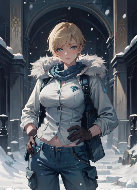 (masterpiece, best quality, ultra detailed, beautiful illustration), (oil painting:1.4), atmospheric perspective, (cinematic atmosphere, elaborate atmosphere:1.4), depth of field, looking at viewer, beautiful detailed eyes, <lora:RE_Sherry-DEF:0.7>, 1girl, huge breasts, (sexy pose, cowboy shot), sherryre, short hair, blue eyes, blonde, hooded coat, fur-trim, gloves, holster, (caqui pants:1.4), (outdoors:1.5, scandinavian city:1.5, winter, snow),