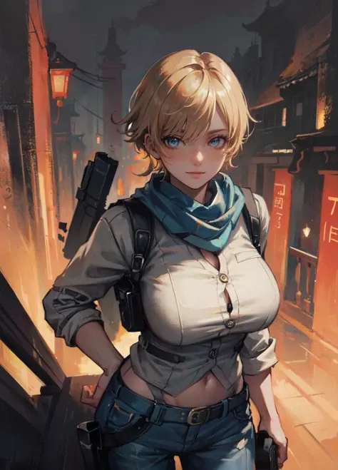 (masterpiece, best quality, ultra detailed, beautiful illustration), (oil painting:1.4), atmospheric perspective, (cinematic atmosphere, elaborate atmosphere:1.4), depth of field, looking at viewer, beautiful detailed eyes,  <lora:RE_Sherry-DEF:0.7>, 1girl, huge breasts, (sexy pose, cowboy shot), sherryre, short hair, blue eyes, blonde, scarf, holster, caqui pants:1.4, (outdoors:1.5, chinese street:1.5, chinese temple),