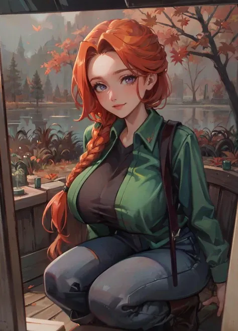 (masterpiece, best quality, ultra detailed, beautiful illustration), (oil painting:1.4), atmospheric perspective, (autumn atmosphere, elaborate atmosphere:1.4), depth of field, looking at viewer, beautiful detailed eyes, <lora:leah:0.7>, 1girl, portrait, close-up, (huge breasts), warm smile, leah, braid, single braid, orange hair, purple eyes, green shirt, pants, boots, (outdoors, autumn, forest:1.5, lake)