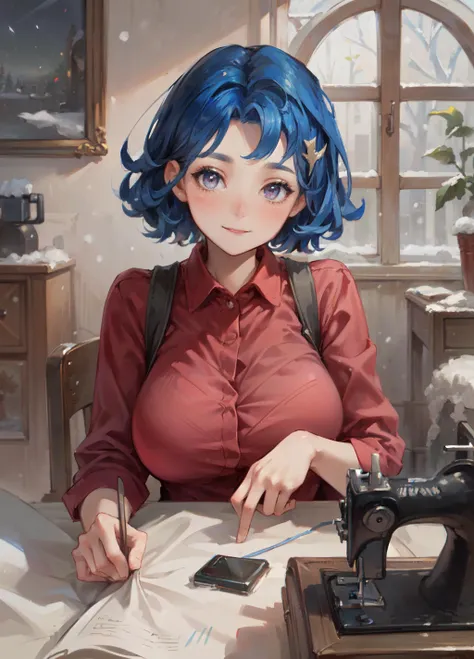 (masterpiece, best quality, ultra detailed, beautiful illustration), (oil painting:1.4), atmospheric perspective, (winter atmosphere, elaborate atmosphere:1.4), depth of field, looking at viewer, beautiful detailed eyes, <lora:Stardew Valley - emily-10:0.7>, 1girl, (portrait, close-up:1.2), (huge breasts), warm smile, emily, short hair, blue hair, pink eyes, hair ornament, red dress, pink shirt, dynamic pose, dynamic angle, (indoors:1.4, sewing workshop:1.5, sewing machine, yarn, large window, snowing outside),