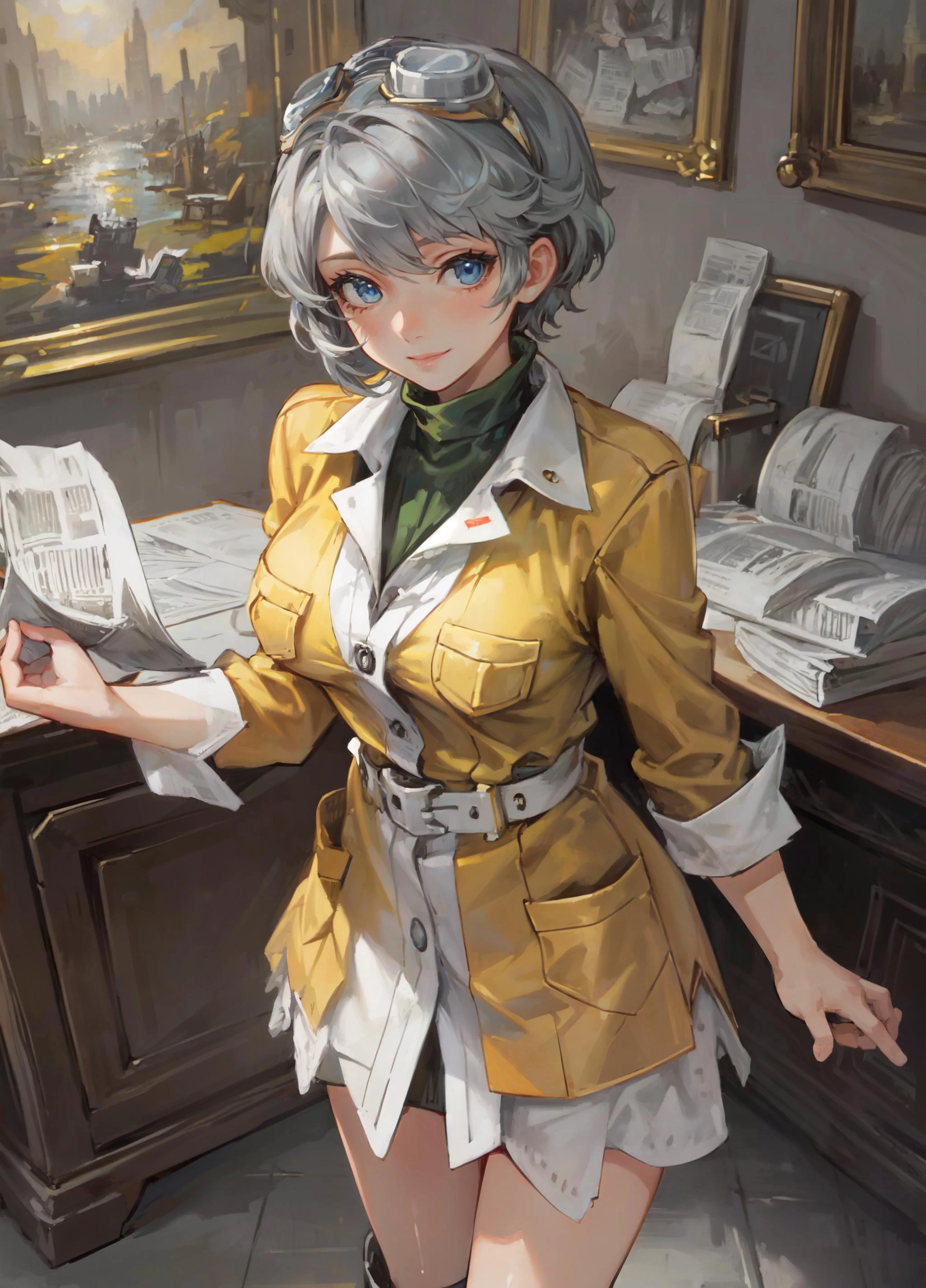 (masterpiece, best quality, ultra detailed, beautiful illustration), (oil painting:1.4), atmospheric perspective, (urban atmosphere, elaborate atmosphere:1.4), depth of field, looking at viewer, beautiful detailed eyes, 1girl, cowboy shot, sexy pose, dynamic angle, mature woman, sinful smile, (large breasts), (indoors:1.5, newspaper office:1.5), <lora:GraceV2:0.7>, Grace Lynn, grey hair, short hair, blue eyes, goggles, goggles on head, yellow coat, green sweater, white pantyhose, brown boots,