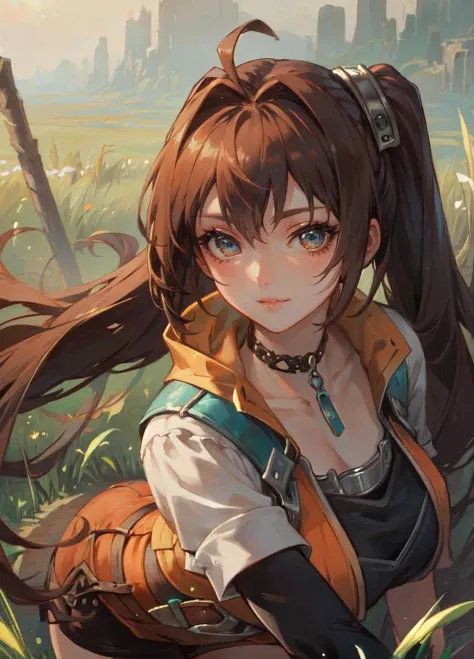 (masterpiece, best quality, ultra detailed, beautiful illustration), (oil painting:1.4), atmospheric perspective, (adventure atmosphere, elaborate atmosphere:1.4), depth of field, looking at viewer, beautiful detailed eyes, 1girl, (portrait, close-up:1.1), sexy pose, dynamic angle, mature woman, sinful smile, (huge breasts), (outdoors:1.5, grasslands:1.5), <lora:estelle-nvwls-v2:0.8>, senEstelle, choker, single pauldron, orange jacket, black shirt, miniskirt, belt, spandex shorts, black thighhighs