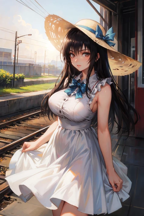 masterpiece, best quality, <lora:kotegawayui-nvwls-v1-000009:0.9> defYui, sun hat, white sundress, large breasts, train tracks, sleeveless, frills, looking at viewer