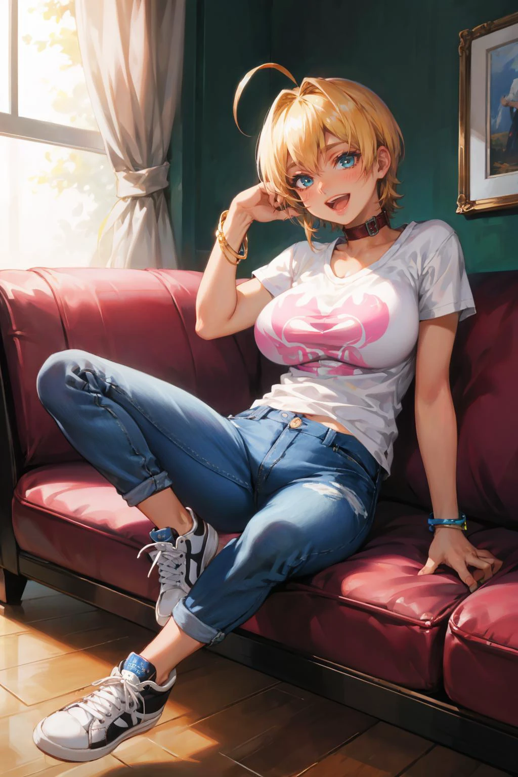 masterpiece, best quality, <lora:ikumimito-nvwls-v1-000010:0.9> mito ikumi, dark skin, collar, large breasts, pink t-shirt, bracelet, jeans, sneakers, sitting, couch, :D