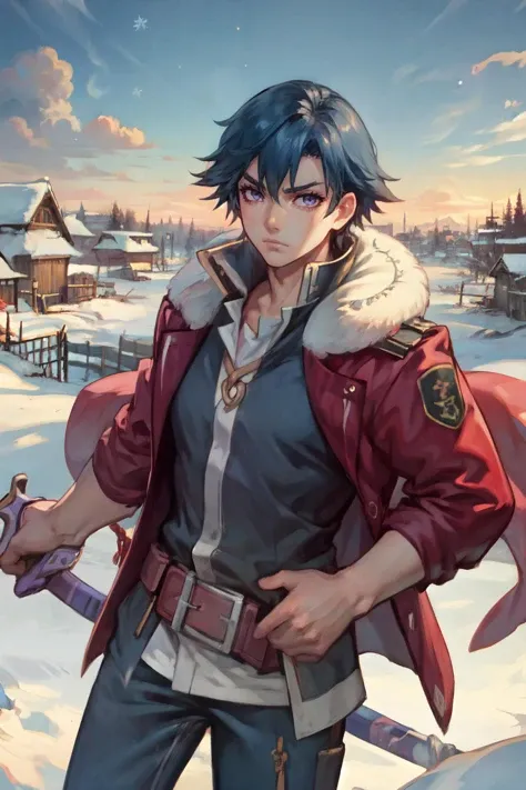 (masterpiece, best quality, ultra detailed, beautiful illustration), atmospheric perspective, depth of field, looking at viewer, beautiful detailed eyes, anime eyes:1.4, (portrait), fighting stance, dynamic angle, (outdoors, japanese village, winter, snow), 1boy, masculine, frown <lora:rean-nvwls-v1:1> sen2rean, red coat, fur trim, black shirt, brown belt, blue pants,  <lora:UnlimitedBladeWorks1.6:0.9>, KatanaOneHand