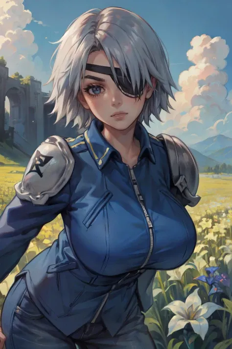 (masterpiece, best quality, ultra detailed, beautiful illustration), atmospheric perspective, depth of field, looking at viewer, beautiful detailed eyes, anime eyes:1.4, (portrait, close-up:1.2), action pose, dynamic angle, (outdoors, flower field, blue sky, clouds), 1girl, angry, (huge breasts:1.2), <lora:ff8fujin-nvwls-v1:0.9> ff8fujin, silver hair, eyepatch, blue jacket, single shoulder pad, long sleeves, blue pants