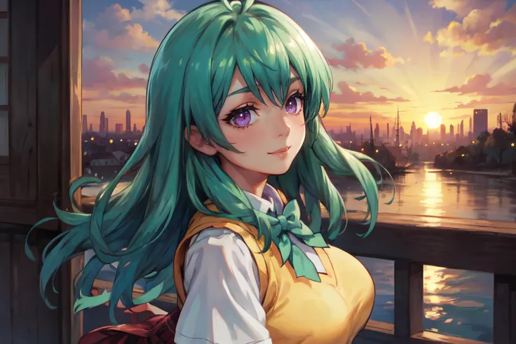 (masterpiece, best quality, ultra detailed, beautiful illustration), atmospheric perspective, depth of field, beautiful detailed eyes, anime eyes:1.4, (portrait, close-up:1.2, profile view, from the side), dynamic angle, (outdoors, japanese school building, hair floating in the wind, sunset), 1girl, sexy smile, (huge breasts), <lora:run_elsie_jewelria_v1:0.7> aarej, solo, long hair, antenna hair, purple eyes, school uniform, green bowtie, white shirt, sweater vest, yellow vest, short sleeves, plaid skirt, green skirt