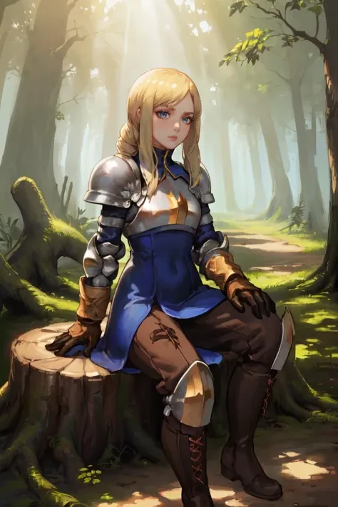 (masterpiece,best quality,absurdres,beautiful,sharp,detailed),outside,dappled sunlight,tree stump,sitting, ,1girl,agrias,armor, blue dress, brown gloves, pants, cross-laced boots <lora:agrias-nvwls-v3:0.7>