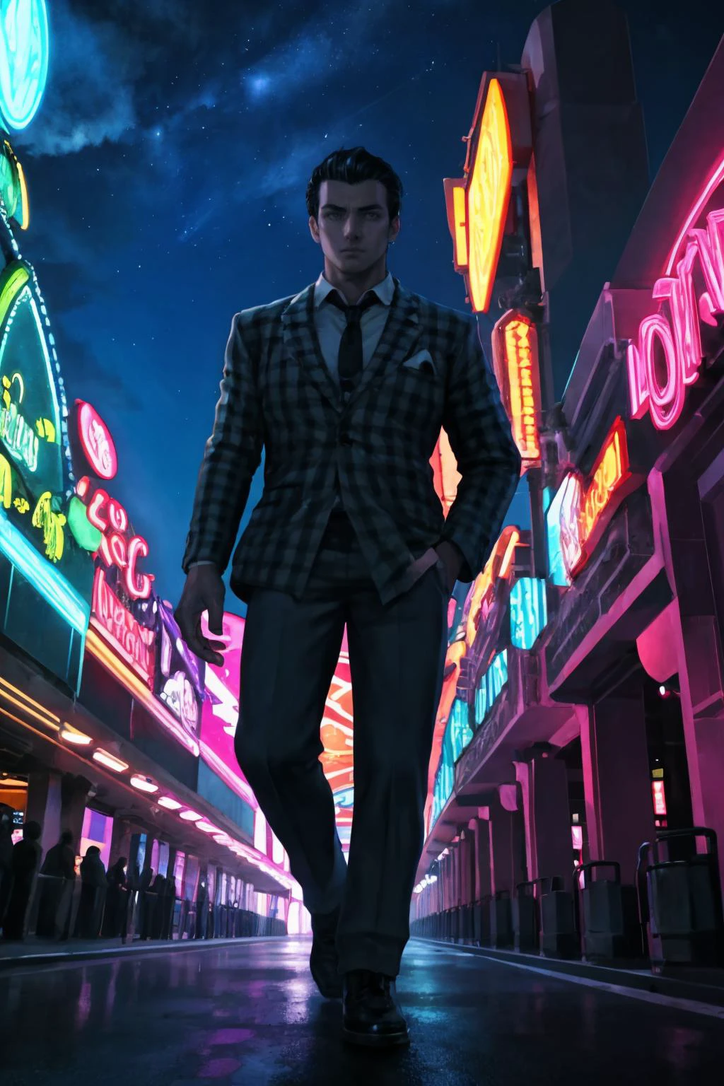 masterpiece, best quality, (male focus:1.2), solo, standing, <lora:benny-fnv-richy-v1:1> benny, las vegas, night, night sky, dark, darkness, neon lights, looking at viewer