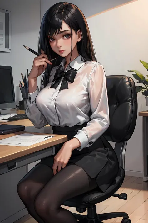 (masterpiece, best quality), a young black haired girl office secretary dressed in a transparent white blouse and black office skirt and black pantyhose ,sitting in an office chair, holding pencil, (detailed skin:1.3),(detailed eyes), (sharp focus),