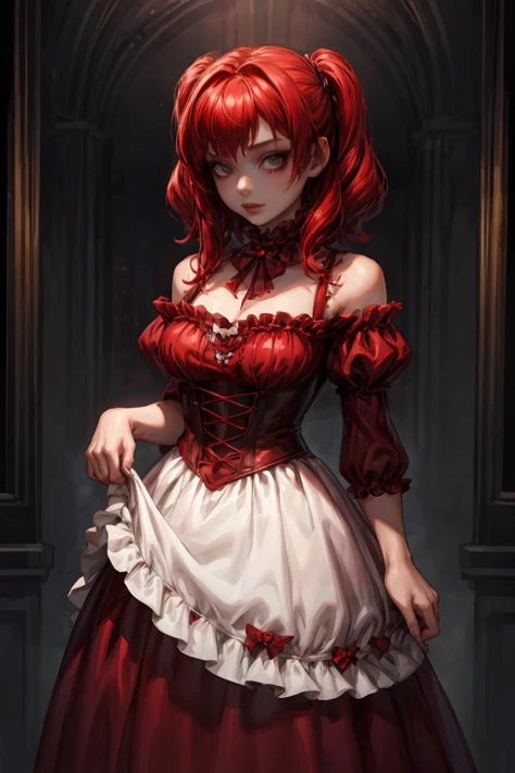 (masterpiece, best quality), 1girl, red hair, medium chest, gothic frill dress, pervert face, <lora:add_detail:1>