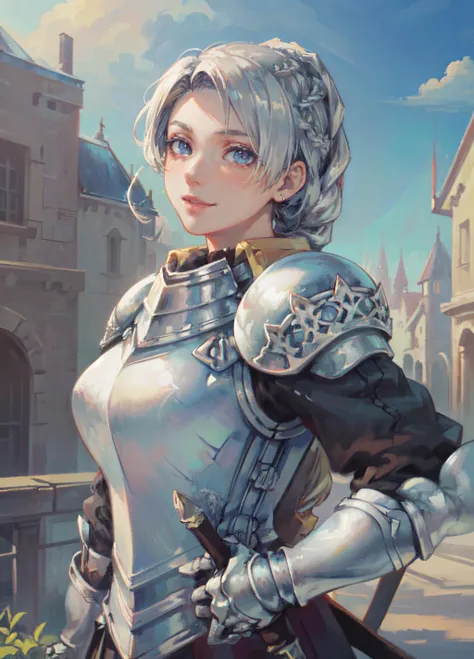 (masterpiece, best quality, ultra detailed, beautiful illustration), (oil painting:1.4), atmospheric perspective, (adventure atmosphere, elaborate atmosphere:1.4), depth of field, looking at viewer, beautiful detailed eyes, 1girl, (portrait, close-up:1.4), sexy pose, dynamic angle, (sexy smile:1.4), (huge breasts), (outdoors:1.5, medieval fort:1.5, blue sky), <lora:chrisarm:0.7>, chrisarm, (french braid:1.4) short hair, white hair, armored dress, shoulder armor, breastplate, gauntlets, armored boots, sheath, standing,