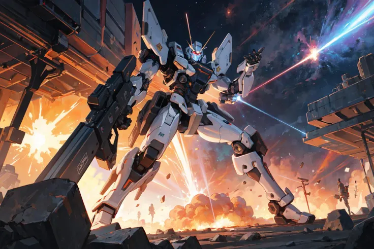 (masterpiece,best quality,absurdres,beautiful,aesthetic,detailed),oil painting:1.3,science fiction,mecha,laser,explosions,dynamic pose,helmet,space,abstract background,nebular,supernova