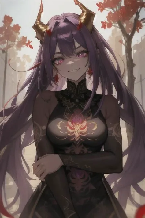 high quality. masterpiece, 8k, street, tree, road, tree canopy, upper body, face focus, 1girl, arrogant, mei, horns, long hair, (purple eyes:1.1), purple Amethyst hair, evil smile, big grin, golden red copper sliver tattoo black leggings, Amethyst laced glow tattoo black bodystockings, lace fractal red and golden glow enhanced skeleton Amethyst black tattoo bodysuit, red flower tattoo, long glow hair, glow golden earrings, red eyes, white face, tattoo mark mask tattoo, arrogant, she is standing, sunlit, weak lights and shadow, tree canopy, street, red flowers, evergreen, face focus,