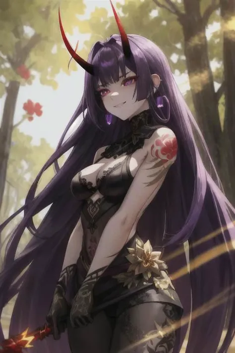 high quality. masterpiece, 8k, street, tree, road, tree canopy, upper body, face focus, 1girl, arrogant, mei, horns, long hair, (purple eyes:1.1), purple Amethyst hair, evil smile, big grin, golden red copper sliver tattoo black leggings, Amethyst laced glow tattoo black bodystockings, lace fractal red and golden glow enhanced skeleton Amethyst black tattoo bodysuit, red flower tattoo, long glow hair, glow golden earrings, red eyes, white face, tattoo mark mask tattoo, arrogant, she is standing, sunlit, weak lights and shadow, tree canopy, street, red flowers, evergreen, face focus,