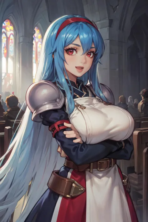 (masterpiece, best quality, ultra detailed, beautiful illustration), atmospheric perspective, depth of field, looking at viewer, beautiful detailed eyes, anime eyes:1.4, (portrait), dynamic pose, dynamic angle, (indoors, cathedral), 1girl,:d, (huge breasts), <lora:anastasiavaleria-wa-richy-v1:1> anastasia, red hairband, red eyes, hair tubes, sidelocks, low-tied long hair, very long hair, armored dress, gloves, belt, (arms crossed under breasts),