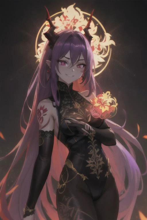 high quality. masterpiece, 8k, street, tree, road, tree canopy, upper body, face focus, 1girl, arrogant, mei, horns, long hair, (purple eyes:1.1), purple Amethyst hair, evil smile, big grin, golden red copper sliver tattoo black leggings, Amethyst laced glow tattoo black bodystockings, lace fractal red and golden glow enhanced skeleton Amethyst black tattoo bodysuit, red flower tattoo, long glow hair, glow golden earrings, red eyes, white face, tattoo mark mask tattoo, arrogant, she is standing, sunlit, weak lights and shadow, tree canopy, street, red flowers, evergreen, face focus,