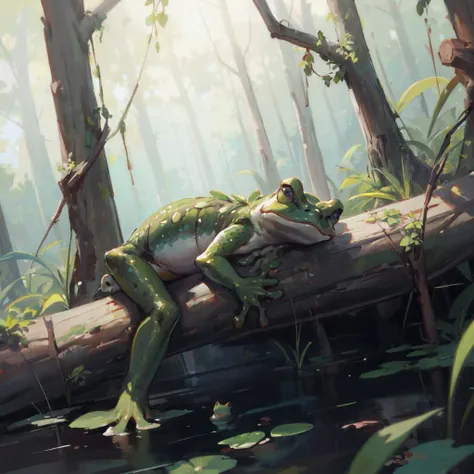 (masterpiece,best quality,absurdres,beautiful,aesthetic,detailed),cinematic angle,oil painting:1.3,lazy frog lying on a log in a swamp