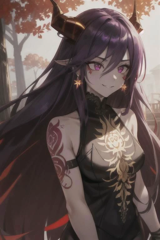 high quality. masterpiece, 8k, street, tree, road, tree canopy, upper body, face focus, 1girl, arrogant, mei, horns, long hair, (purple eyes:1.1), purple Amethyst hair, evil smile, big grin, golden red copper sliver tattoo black leggings, Amethyst laced glow tattoo black bodystockings, lace fractal red and golden glow enhanced skeleton Amethyst black tattoo bodysuit, red flower tattoo, long glow hair, glow golden earrings, red eyes, white face, tattoo mark mask tattoo, arrogant, she is standing, sunlit, weak lights and shadow, tree canopy, street, red flowers, evergreen, face focus,