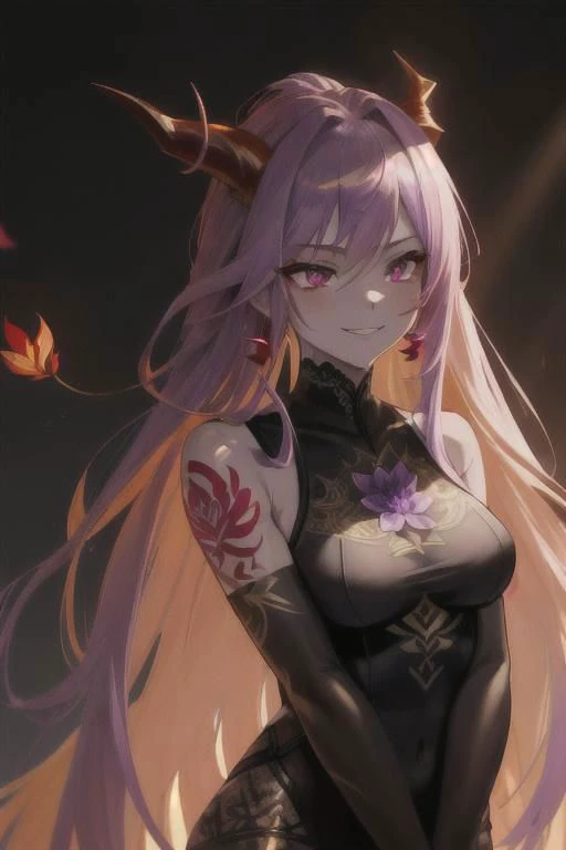 high quality. masterpiece, 8k, street, tree, road, tree canopy, upper body, face focus, 1girl, arrogant, mei, horns, long hair, (purple eyes:1.1), purple Amethyst hair, evil smile, big grin, golden red copper sliver tattoo black leggings, Amethyst laced glow tattoo black bodystockings, lace fractal red and golden glow enhanced skeleton Amethyst black tattoo bodysuit, red flower tattoo, long glow hair, glow golden earrings, red eyes, white face, tattoo mark mask tattoo, arrogant, she is standing, sunlit, weak lights and shadow, tree canopy, street, red flowers, evergreen, face focus,