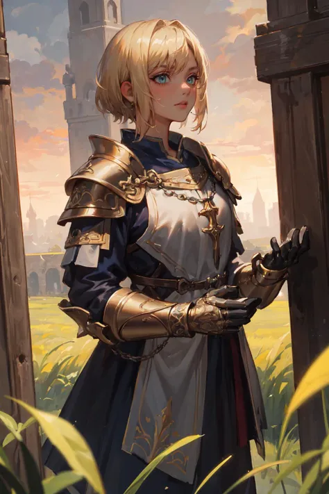 (masterpiece,best quality,absurdres,beautiful,aesthetic,detailed),cinematic angle,medieval,oil painting:1.3,1girl,dark-skinned female,very short hair,undercut,blonde hair,solo focus,cowboy shot,wearing ornate armor,tabard,fantasy,outside,field,sunset,gauntlets