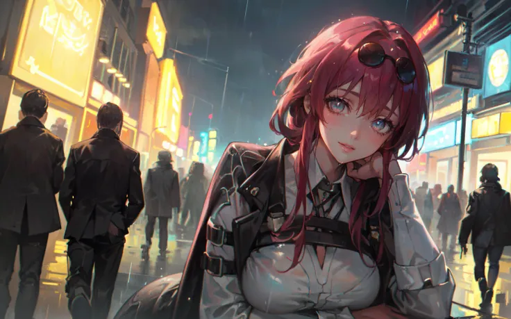 (masterpiece, best quality, ultra detailed, beautiful illustration), (oil painting:1.4), atmospheric perspective, (futuristic atmosphere, elaborate atmosphere:1.4), depth of field, looking at viewer, beautiful detailed eyes, 1girl, (portrait:0.7), dynamic pose, dynamic angle, (sexy smile:1.4), mature woman, (huge breasts:1.3), (outdoors:1.5, metropolis:1.5, busy street:1.5, night:1.5, nighttime:1.5, rain:1.5, wet clothes:1.5, neon lights:1.5, glowing lights:1.5, colorful:1.5), <lora:kafka-10:1> kafka, eyewear on head, shirt, white shirt, jacket, pantyhose