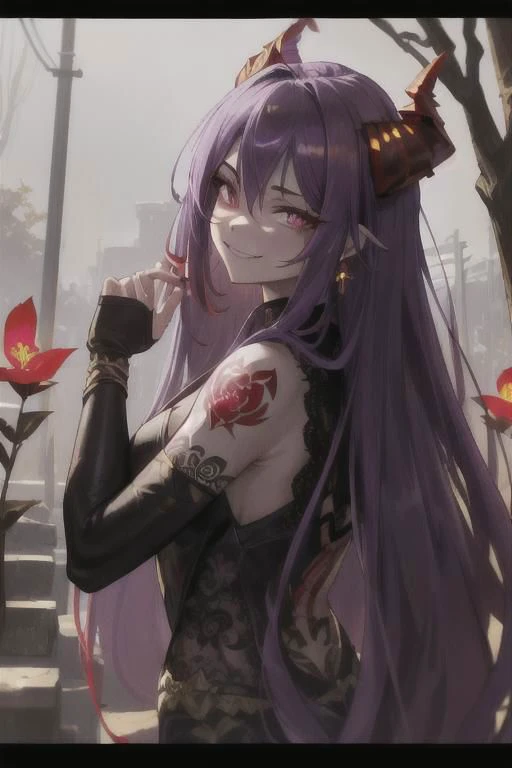 high quality. masterpiece, 8k, street, tree, road, tree canopy, upper body, face focus, 1girl, arrogant, mei, horns, long hair, (purple eyes:1.1), purple Amethyst hair, evil smile, big grin, golden red copper sliver tattoo black leggings, Amethyst laced glow tattoo black bodystockings, lace fractal red and golden glow enhanced skeleton Amethyst black tattoo bodysuit, red flower tattoo, long glow hair, glow golden earrings, red eyes, white face, tattoo mark mask tattoo, arrogant, she is standing, sunlit, weak lights and shadow, tree canopy, street, red flowers, evergreen, face focus,