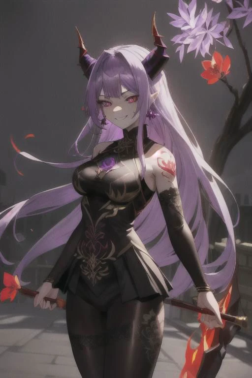 high quality. masterpiece, 8k, street, tree, road, tree canopy, upper body, face focus, 1girl, arrogant, mei, horns, long hair, (purple eyes:1.1), purple Amethyst hair, evil smile, big grin, golden red copper sliver tattoo black leggings, Amethyst laced glow tattoo black bodystockings, lace fractal red and golden glow enhanced skeleton Amethyst black tattoo bodysuit, red flower tattoo, long glow hair, glow golden earrings, red eyes, white face, tattoo mark mask tattoo, arrogant, she is standing, sunlit, weak lights and shadow, tree canopy, street, red flowers, evergreen, face focus,