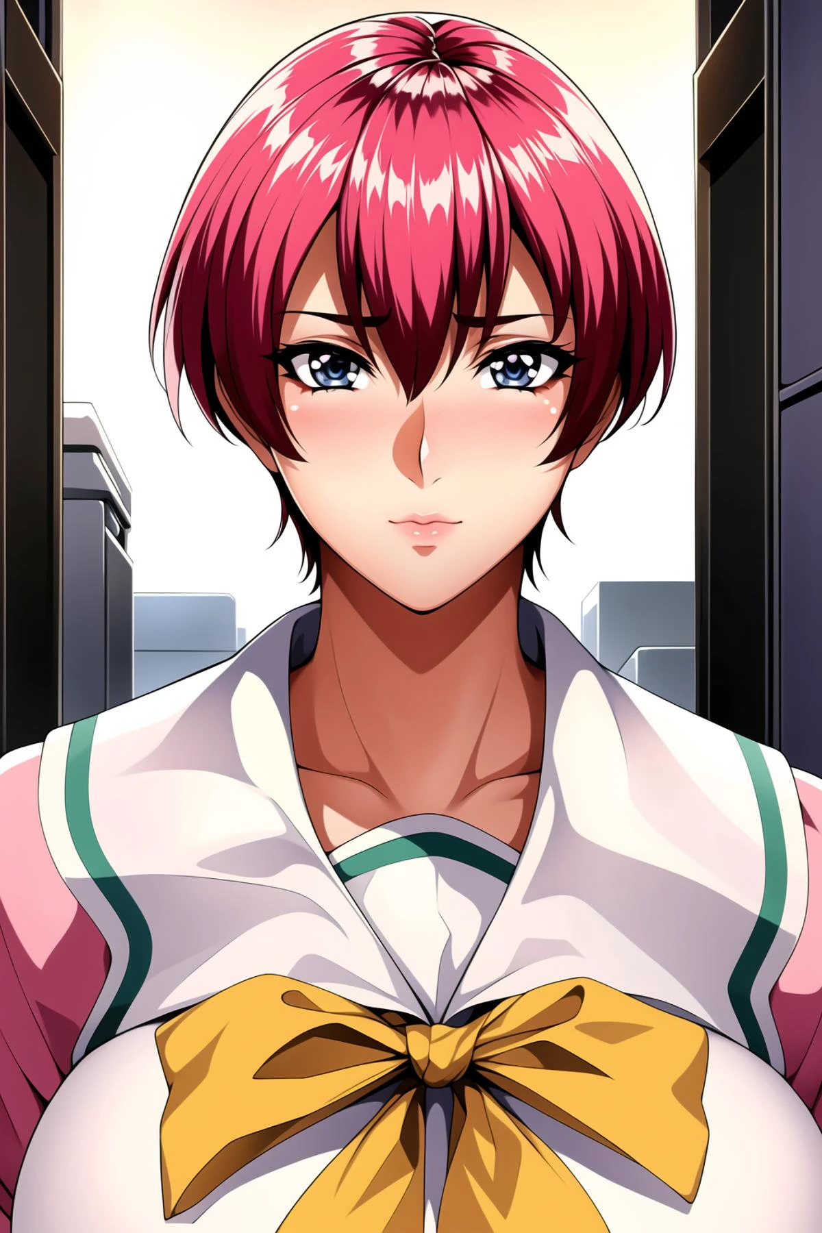 Simple White Background,
(pink_jacket:1.1),(Green_pleated_skirt),(Green_sailor_collar), school_uniform, serafuku,long_sleeves,Yellow_bowtie,
<lora:Asami_Kurihara-V1:0.8>,
Red hair,very Short hair,BLue eyes,Bangs,
<lora:Oda_Non_Style-KK77-V2:0.3>,<lora:more_details:0.1>,
1 girl, 20yo,Young female,Beautiful Finger,Beautiful long legs,Beautiful body,Beautiful Nose,Beautiful character design, perfect eyes, perfect face,expressive eyes,perfect balance,
looking at viewer,(Focus on her face),closed mouth, (innocent_big_eyes:1.0),(Light_Smile:0.3),
official art,extremely detailed CG unity 8k wallpaper, perfect lighting,Colorful, Bright_Front_face_Lighting,White skin,
(masterpiece:1.0),(best_quality:1.0), ultra high res,4K,ultra-detailed,
photography, 8K, HDR, highres, absurdres:1.2, Kodak portra 400, film grain, blurry background, bokeh:1.2, lens flare, (vibrant_color:1.2),professional photograph,
(Beautiful,huge_Breasts:1.4), (beautiful_face:1.5),(narrow_waist),