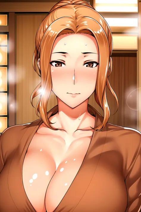 east asian architecture,onsen,
Brown kimono, collarbone, cleavage, long sleeves, wide sleeves, 
<lora:Kyouk_Tachibana_Circumstances-KK77-V1:0.7>,
orange hair,bangs,Brown_eyes,Hair_bun,
<lora:Oda_Non_Style-KK77-V2:0.3>,<lora:more_details:0.1>,
1 girl, 20yo,Young female,Beautiful Finger,Beautiful long legs,Beautiful body,
Beautiful Nose,Beautiful character design, perfect eyes, perfect face,expressive eyes,perfect balance,
looking at viewer,(Focus on her face),closed mouth, (innocent_big_eyes:1.0),(Light_Smile:0.3),
official art,extremely detailed CG unity 8k wallpaper, perfect lighting,Colorful, Bright_Front_face_Lighting,White skin,
(masterpiece:1.0),(best_quality:1.0), ultra high res,4K,ultra-detailed,
photography, 8K, HDR, highres, absurdres:1.2, Kodak portra 400, film grain, blurry background, bokeh:1.2, lens flare, (vibrant_color:1.2),professional photograph,
(Beautiful,large_Breasts:1.4), (beautiful_face:1.5),(narrow_waist),