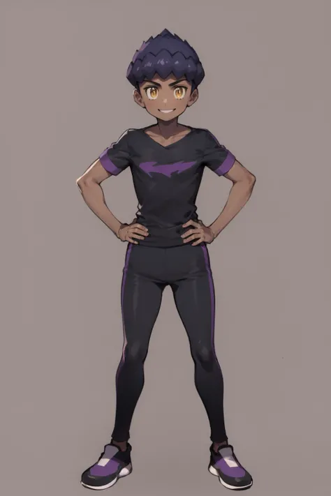 masterpiece, best quality, 1boy, hop \(pokemon\), purple hair, short hair, yellow eyes, dark skin, black pants, black shirt, shoes, collarbone, full body, hands on hips, looking at viewer, smile, solo, standing, simple background <lora:Hop:1>