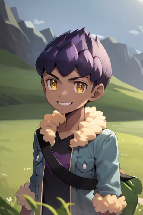 masterpiece, best quality, 1boy, hop \(pokemon\), purple hair, short hair, yellow eyes, dark skin, fur-trimmed blue jacket, open clothes, open jacket, black shirt, green duffel bag, upper body, looking at viewer, smile, solo, meadow background <lora:Hop:1>